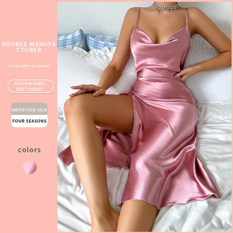 New Sexy Pink Camisole Dress Summer Breathable Satin Silk Pajamas Women's Backless Split Camisole Pajama Dress