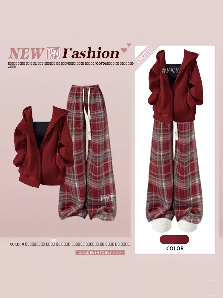 

Красная толстовка с капюшоном Cisas против старения Jaet, зима, Новый год, ретро, внутренняя часть, широкие брюки, комплект футболок, женский повседневный комплект