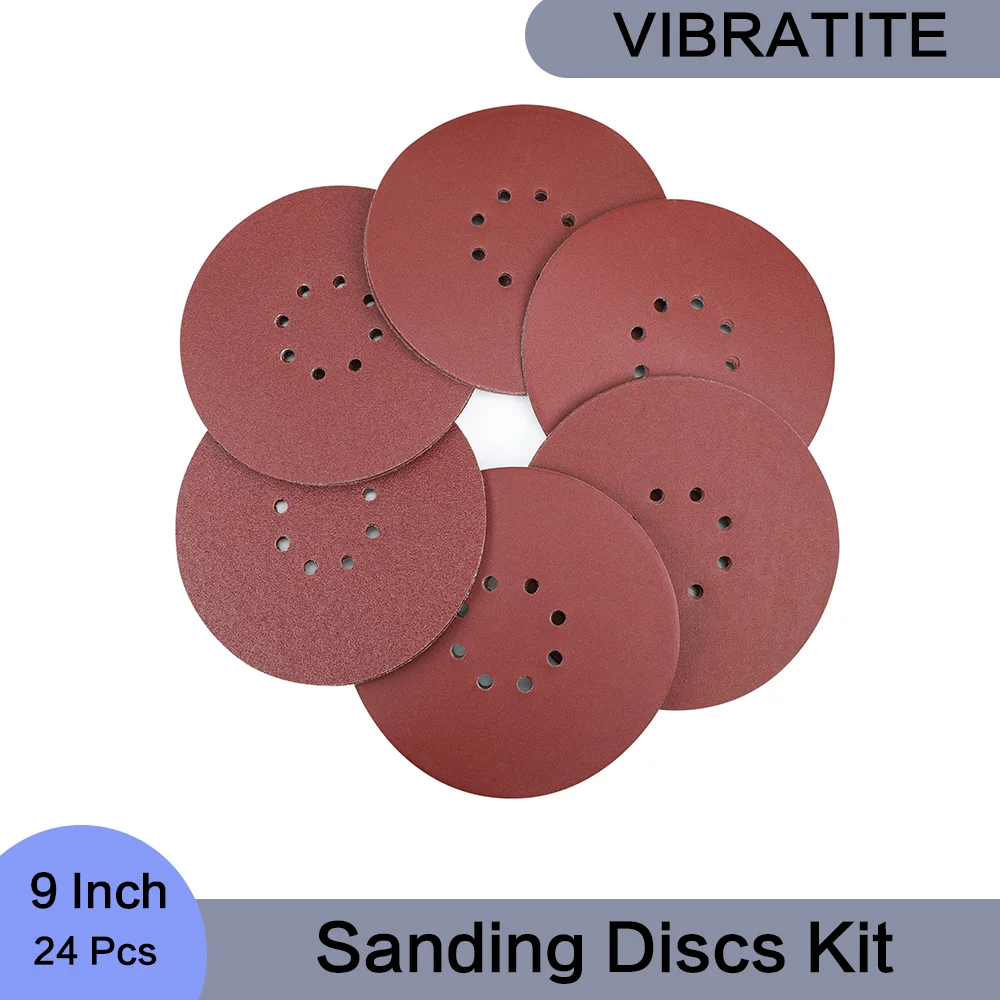 9 Inch 8 Hole Sanding Discs 24 Pcs Hook and Loop Sandpaper Assorted 80/100/120/150/180/240 Grit for Polishing and Grinding