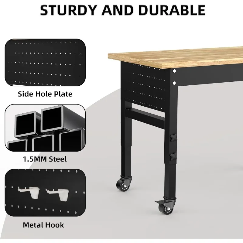 48" Solid Wood Work Bench, Adjustable Hight Workbench with Wheels, Heavy-Duty Worktable with Pegboard, Power Outlets, Workstatio