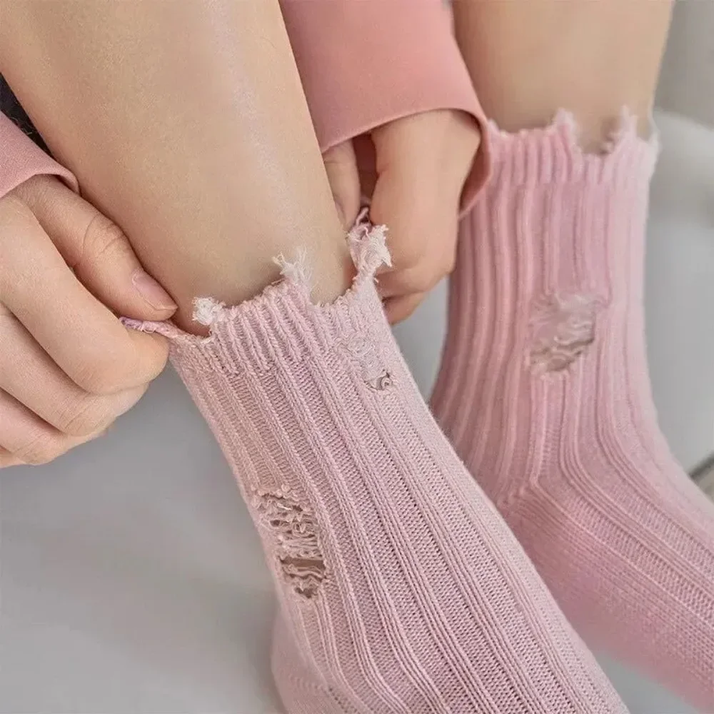 Broken Hole Socks Women Skateboard Beggar Cotton Socks Medium Tube Knitted Street Stocking Trendy Ripped Sox Носки Женские Чулки image 6