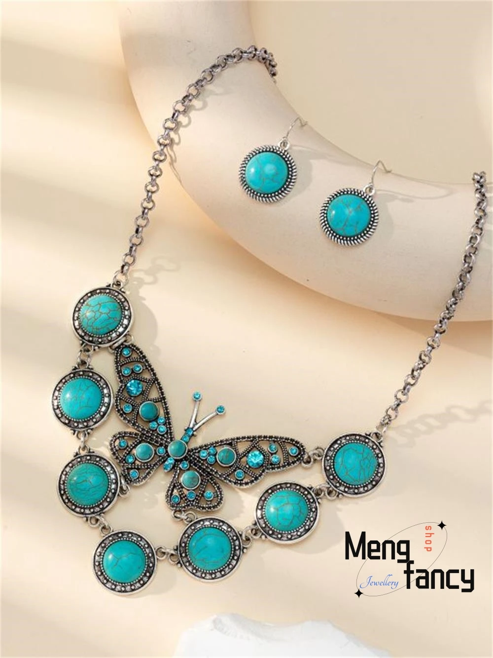 Natural Retro Bohemian Retro Turquoise Butterfly  Necklace Pendant Earring Western Style Exaggerated Fashion Luxury Fine Jewelry