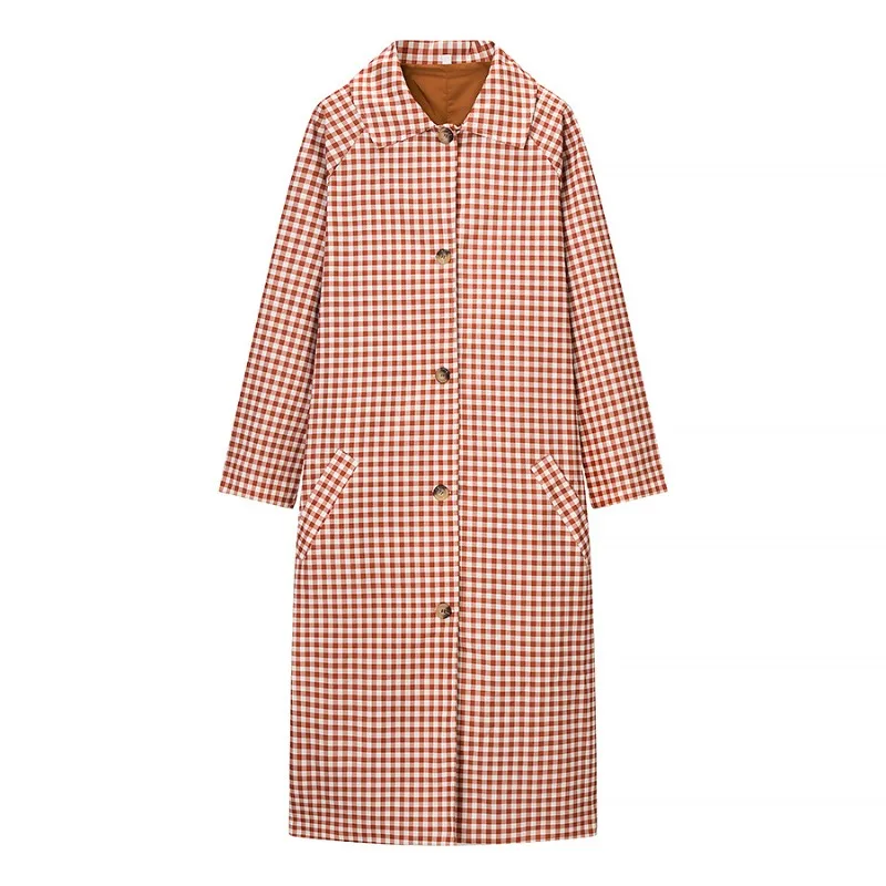 Women Vintage Gingham Plaid Long Trench Coat Lapel Collar Single Breasted Oversized Relaxed Fit Windbreaker with Side Pockets
