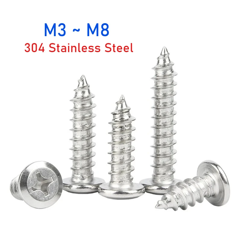 M3 M4 M5 M6 M8 304 Stainless Steel Chamfered Cross Self-tapping Screws Flat Thin Head Self Tapping Wood Screw