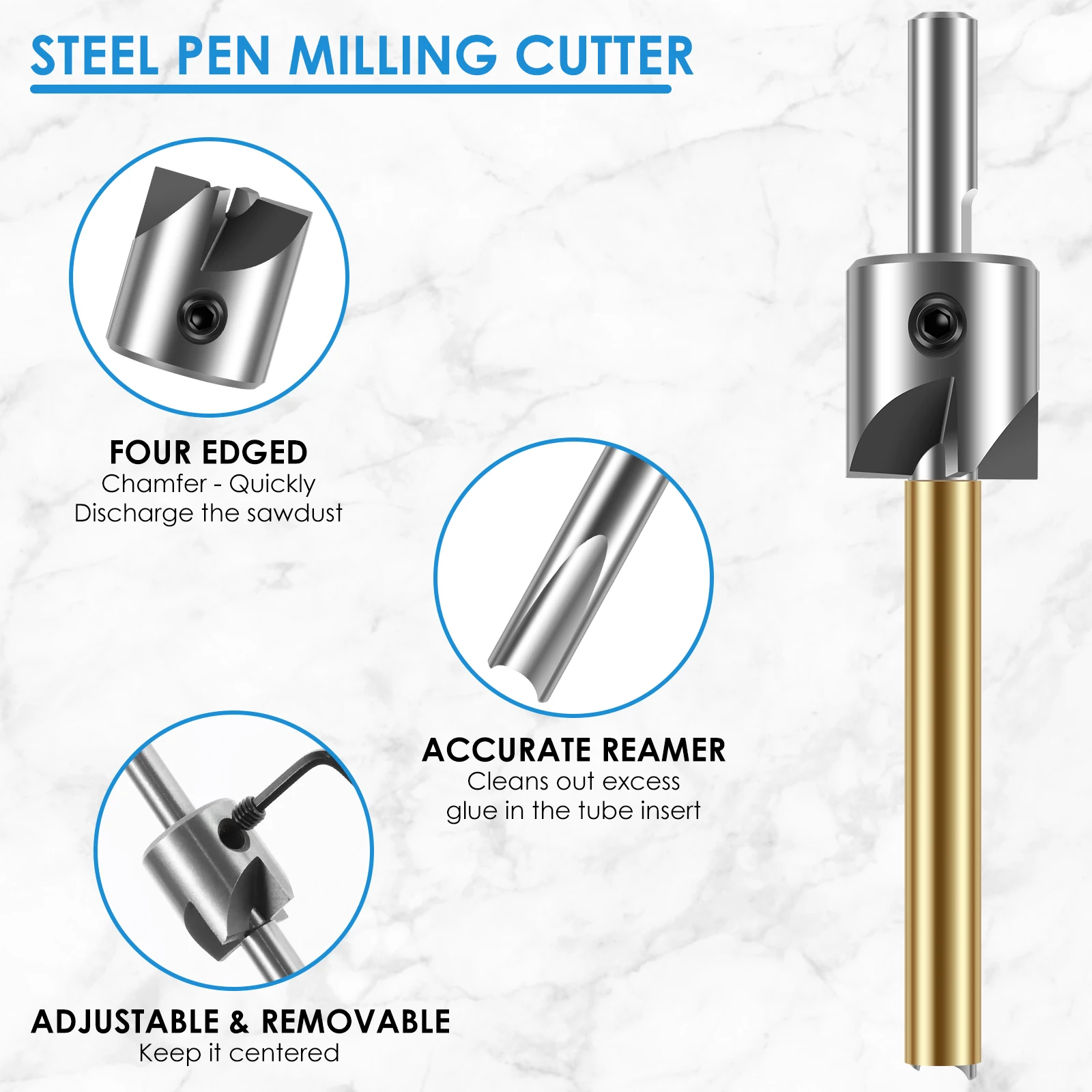 8Pcs Pen Barrel Trimmer Kit Sturdy Woodworking Mill Trimmer with 3/4inch Cutting Head Cutter Pilot Cutter Shafts with Hex Wrench