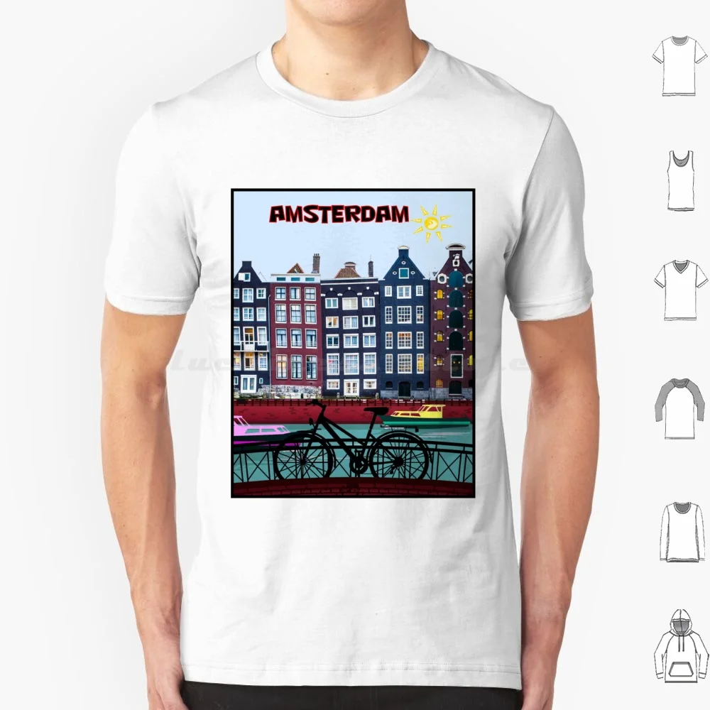 

Bicycle Riding ; In Holland Print T Shirt Cotton Men Women DIY Print Holland Netherlands Canals Railings Boats Buildings