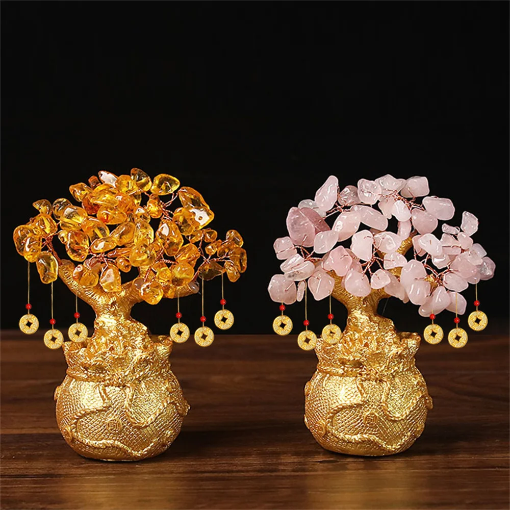 شجرة محظوظة الثروة شجرة كريستال صفراء شجرة المال الطبيعية الحلي بونساي نمط الثروة الحظ فنغ شوي الحلي الحرفية