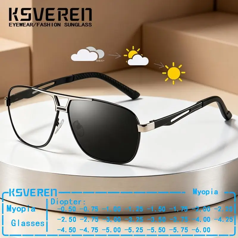 Pilot Metal Frame Photochromic Myopia Prescription Glasses Men Women Trendy Optical Eye Negative Diopter Discolor Eyeglasses