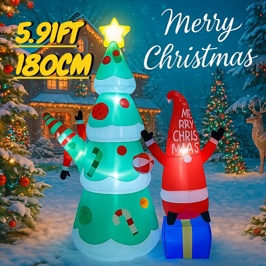 

5.91FT Inflatable Toy Christmas Tree Santa Decor Set Xmas Yard Decoration LED Lit Christmas Supplies Home Ornaments Festive Gift