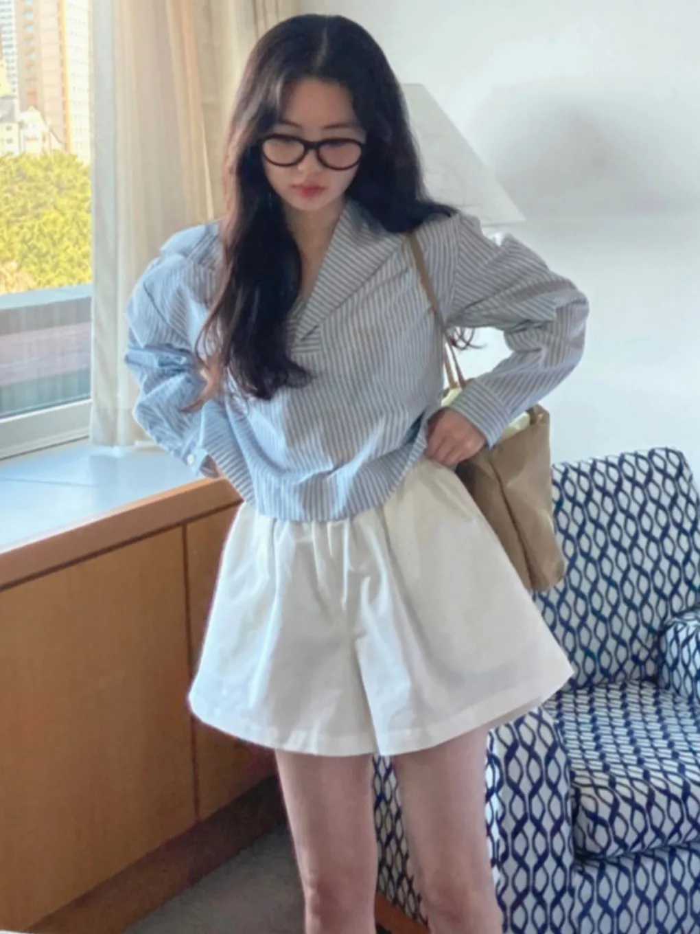 

Шикарный винтажный темно-синий воротник в полоску, повседневный длинный све, свободный ort irt, женская весенняя коллекция Faion Commute Sle