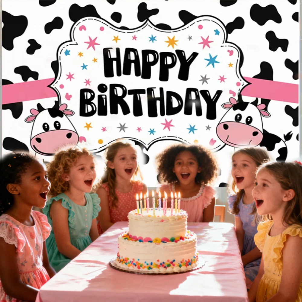 الوردي مزرعة البقرة فتاة حفلة عيد ميلاد الديكور خلفية كاوبوي أسود أبيض البقع التصوير خلفية استحمام الطفل لوازم الحفلات