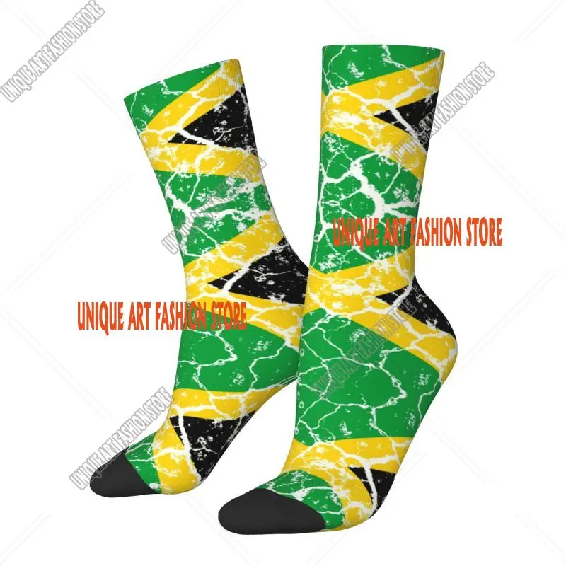 Kawaii Printed Jamaican Flag Distress Socks for Women Men Stretchy Summer Autumn Winter Jamaica Proud Crew Socks