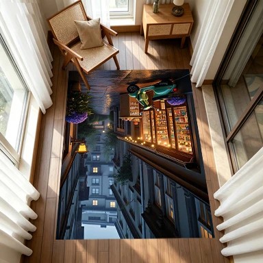Evening European Street Shop Scooter Landscape Carpet Flooring, Retro City Non-Slip Floor Rug for Living Room Bedroom Home Decoration