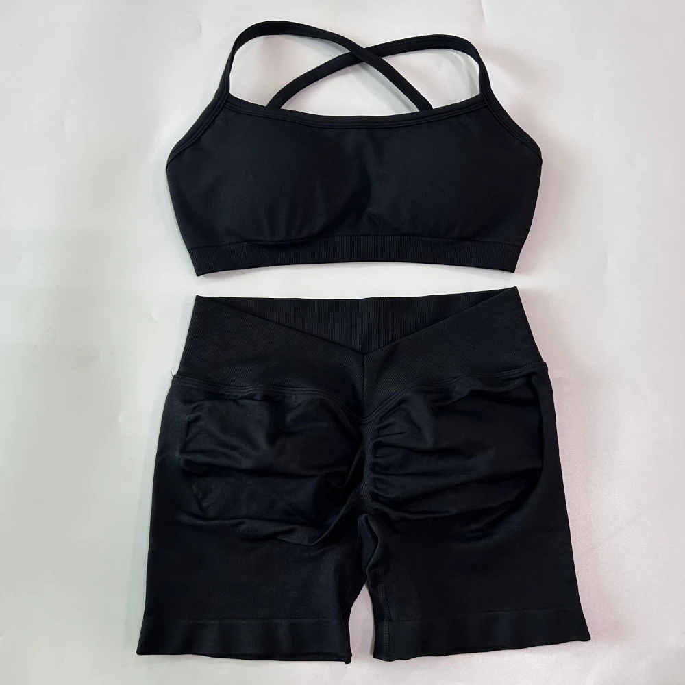 2-teiliges Set für Damenbekleidung, nahtlose Scrunch-Yoga-Shorts, rückenfreier KTP-Sport-BH, Fitness-Workout-Top, Gym-Set-Outfits – Detail 14