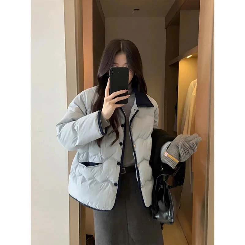 Women Corduroy Patchwork Down Coats Korean Black White Puffer Jacket Ladies Elegant Cotton Padded Outwears