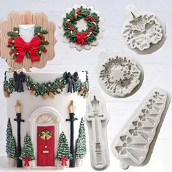 Christmas Wreath  Bow and Lamp Post Silicone Mold Fondant Cake Decorating Mold Clay,Sugarcraft Cupcake Top Chocolate Baking Tool