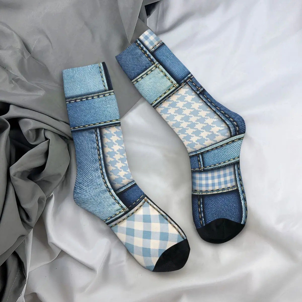 All Seasons Crew Stockings Faux Denim Texture Socks Harajuku Long Socks for Men Women Valentine's Day Gifts