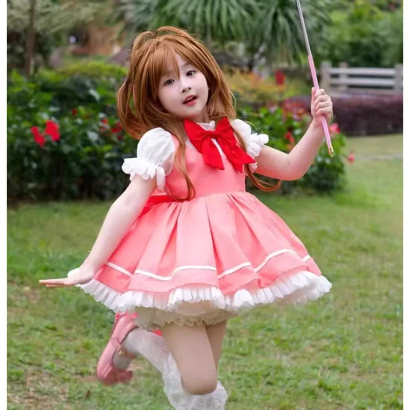 Girls Anime Kinomoto Sakura Cosplay Costume Wig Magic Staff Lolita Dress Uniform Full Set Halloween Party Role Play Suit - view 5