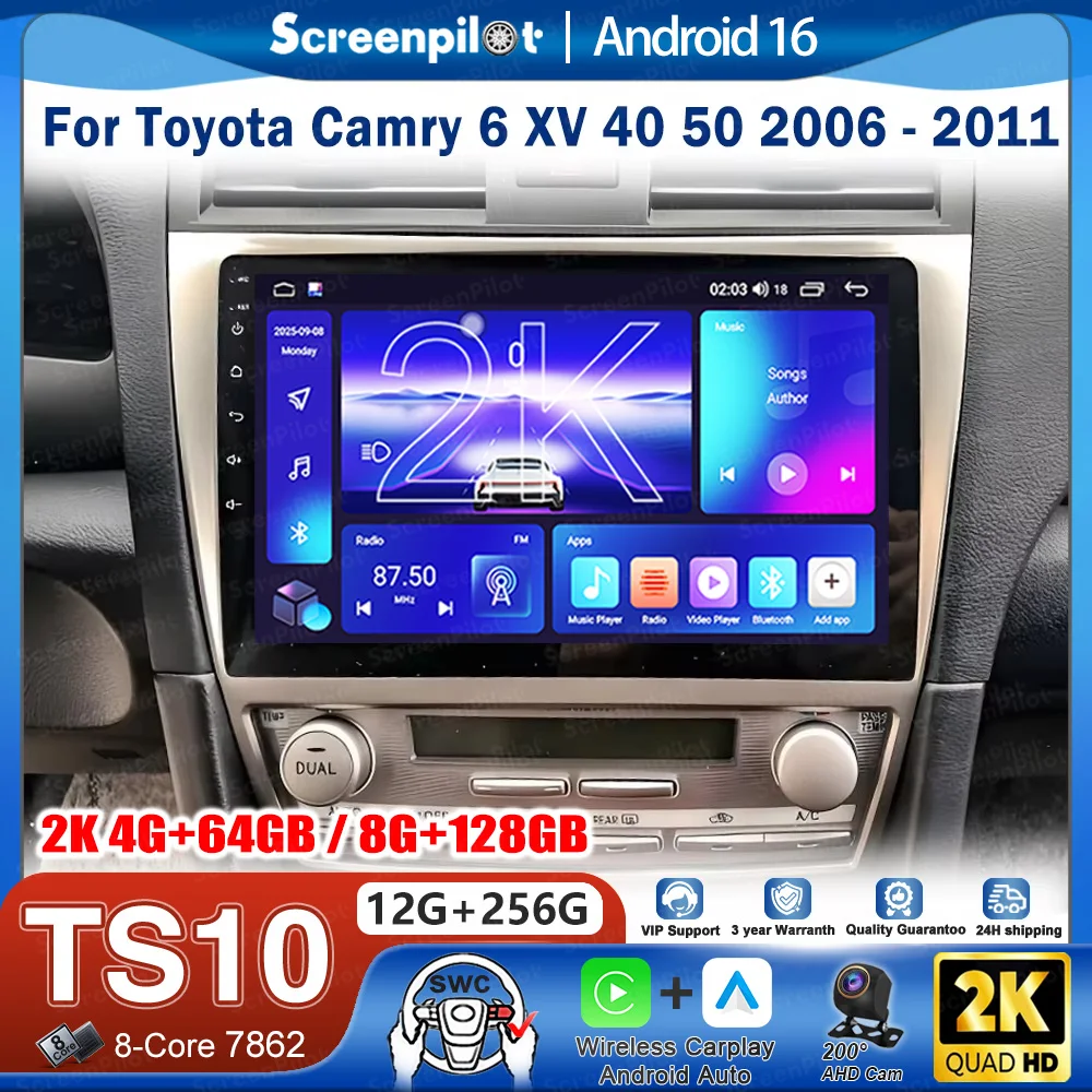 Android 16 For Toyota Camry 6 XV 40 50 2006 - 2011 Car Radio Stereo Head Unit CarPlay Auto radio QLED Touch Screen Wifi 8 Core