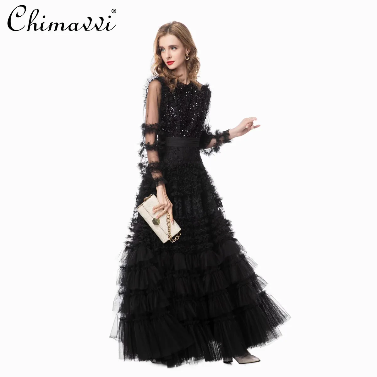

2025 Autumn New High-End Heavy Sequin Beaded Round Neck Long Sleeve Black Gown Dress Luxury High-Waist Elegant Women's Dress
