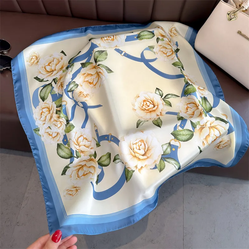 Women Printing Elegance 70X70cm Silk Scarf Spring Summer New Lady Hijab Hairband Soft Headband Ribbon Kerchief Mom Foulard Gift