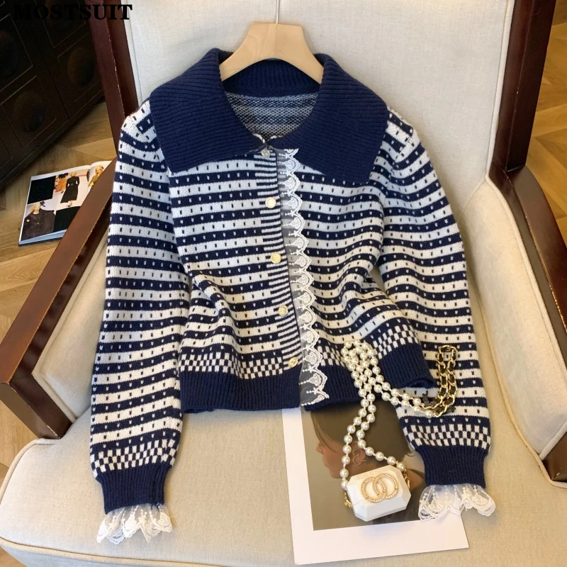 

Винтажный полосатый вязаный кардиган, свитер для женщин, зима 2025 года, кружевные топы с длинными рукавами, джемперы, элегантный модный женский свитер