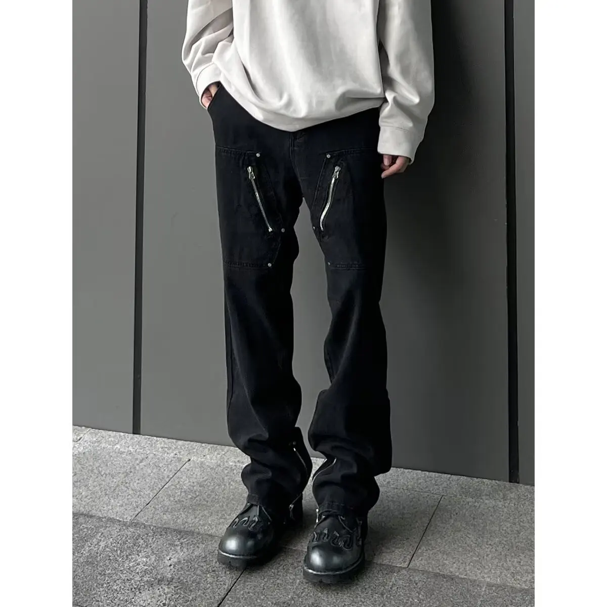 Dull Black Jeans Multi Zip-up Sensibility Loose 2024 American Style High Street Zip-up Design Men Korean Straight Denim Pants