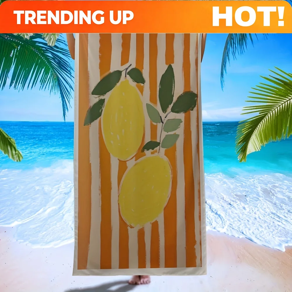 Customize 1pc Vibrant Lemon Beach Towel - Windproof & Sun-Proof, Microfiber with Orange Striped Background, Ideal for Beach, Tri