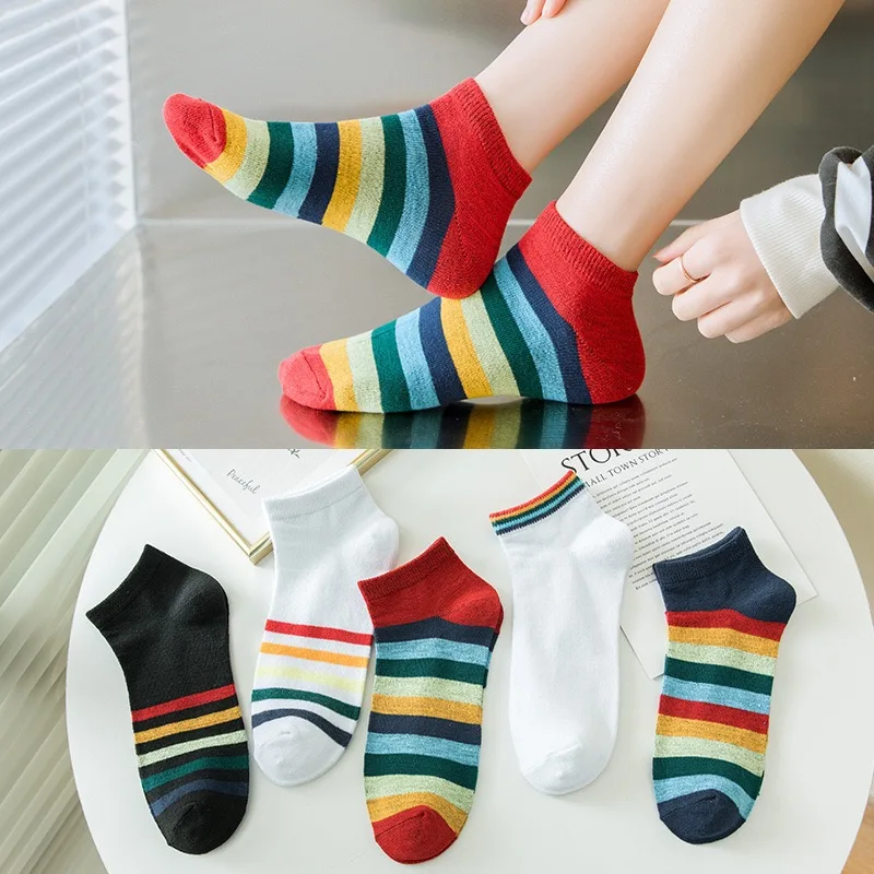 5 Pairs Spring Summer Cotton Elegant Colorful Red Yellow Stripe Women Short Socks Fashion Lovely Lady Girls Dress Sneakers Sox