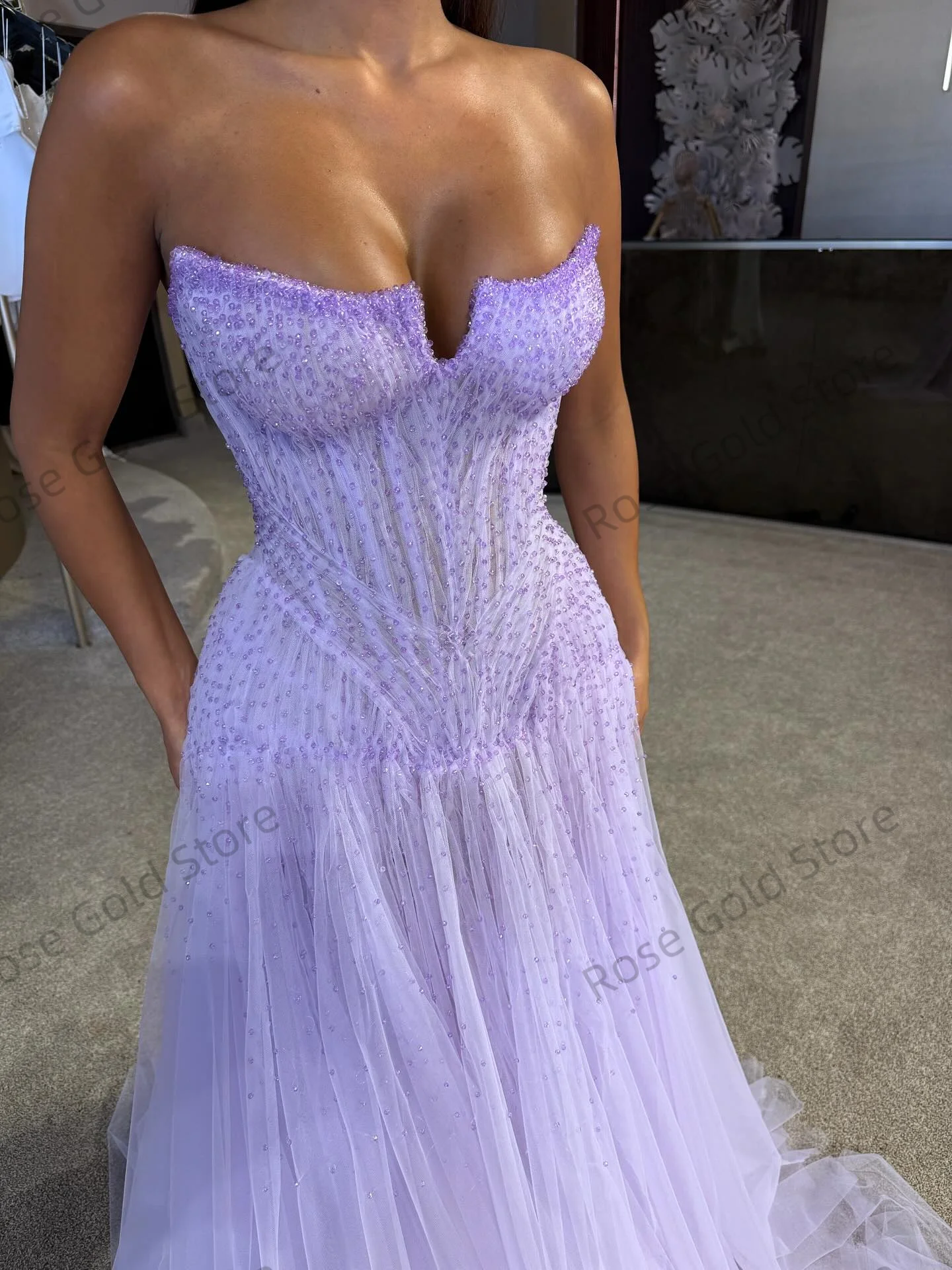 Illusion Light Purple Evening Dresses A Line Sweetheart Glitter Vestido de Noche Customized Sequines Tulle Prom Party Dress
