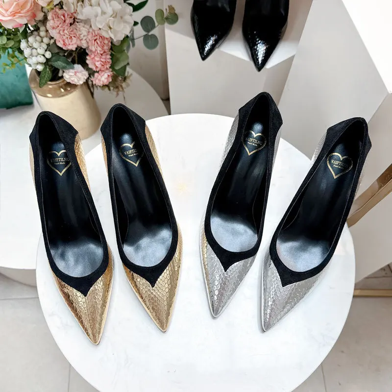 Sharp pointed high heels for women 2026 new snake pattern splicing thin heel high heels for women high heels single shoes