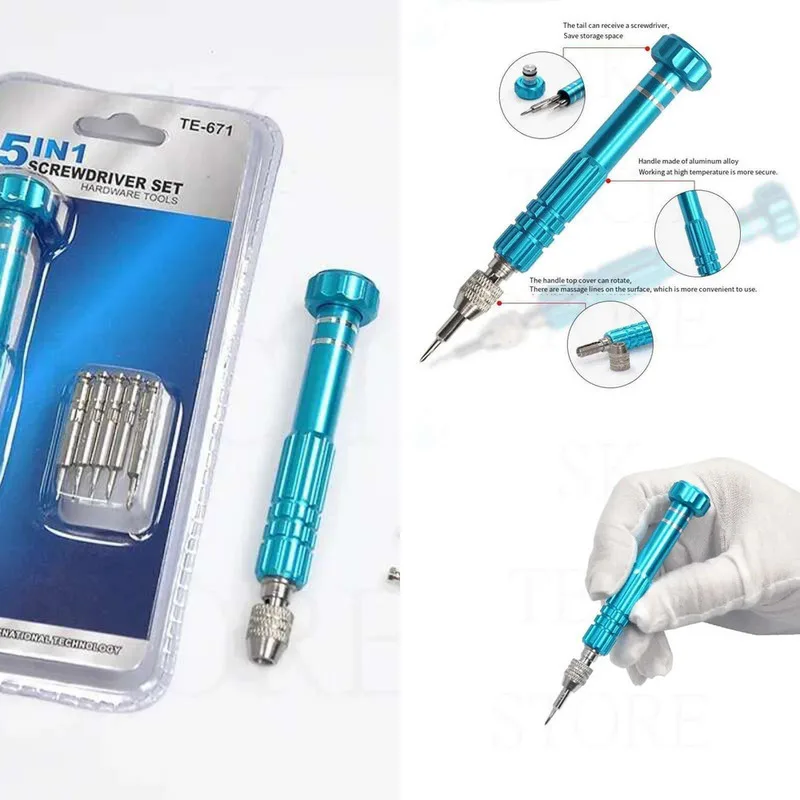

TE671 5-in-1 Aluminum Alloy Screwdriver Set With 5 Heads Is Used For Precision Tools Of Mobile Phone Electronic Maintenance.