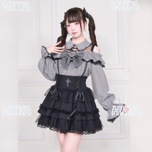 Imagen 1 del producto Estilo japonés producido en masa subcultura solapa pétalo camisa de manga larga Top mujeres agradable arco fuera del hombro Lolita Blusas Mujer