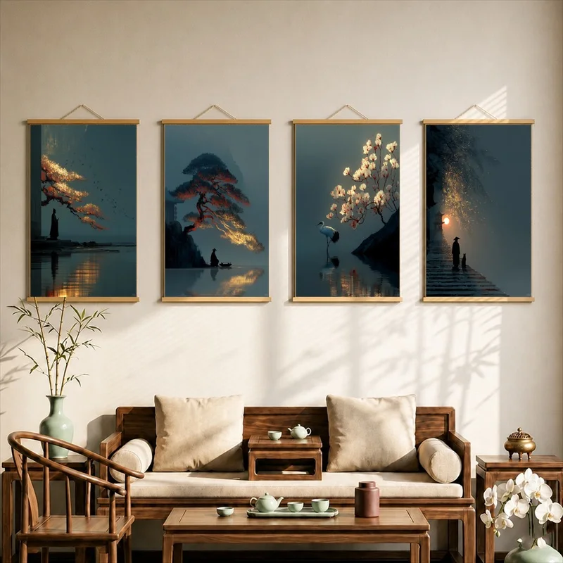 Wall Art Night Mountains with Golden Trees and Solitary Walkers, Pearlescent Canvas Hanging Scroll for Boutique Hotel Wall Decor
