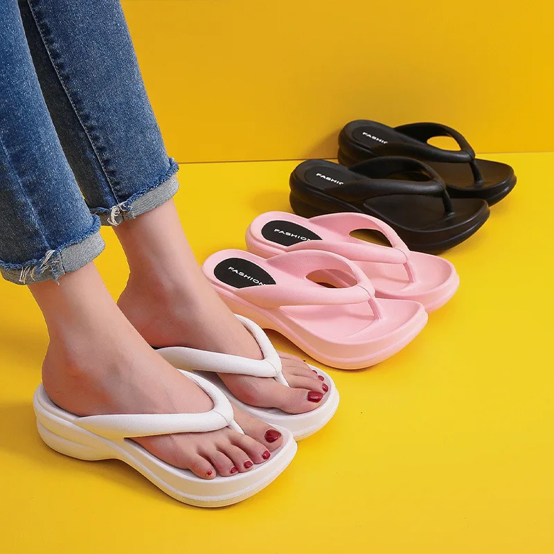 2023 sola grossa cunhas flip flops para mulheres verão clip toe sandálias plataforma mulher não deslizamento chinelos de praia ao ar livre slides