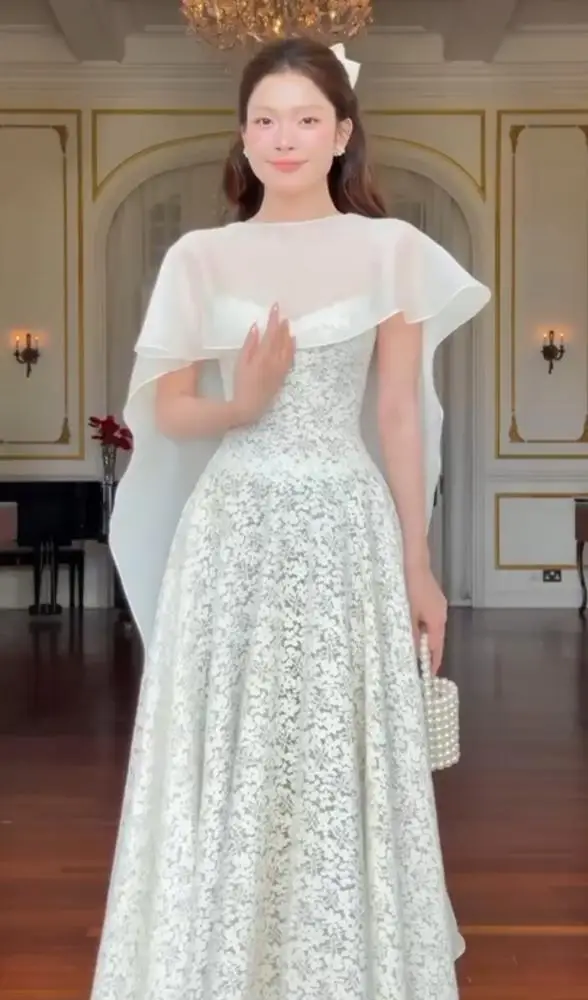 

Jirocum White Lace Evening Dresses High-Neck Sheer Cape Overlay A-Line Prom Dress for Wedding Guest Engagement Party Dresses