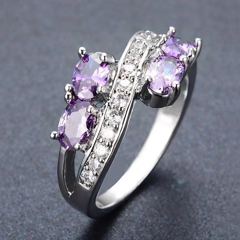 Huitan Elegant Women Ring Inlaid Bright Purple CZ Trendy Charming Wedding Party Accessories for Lady Daily Versatile Jewelry view 2