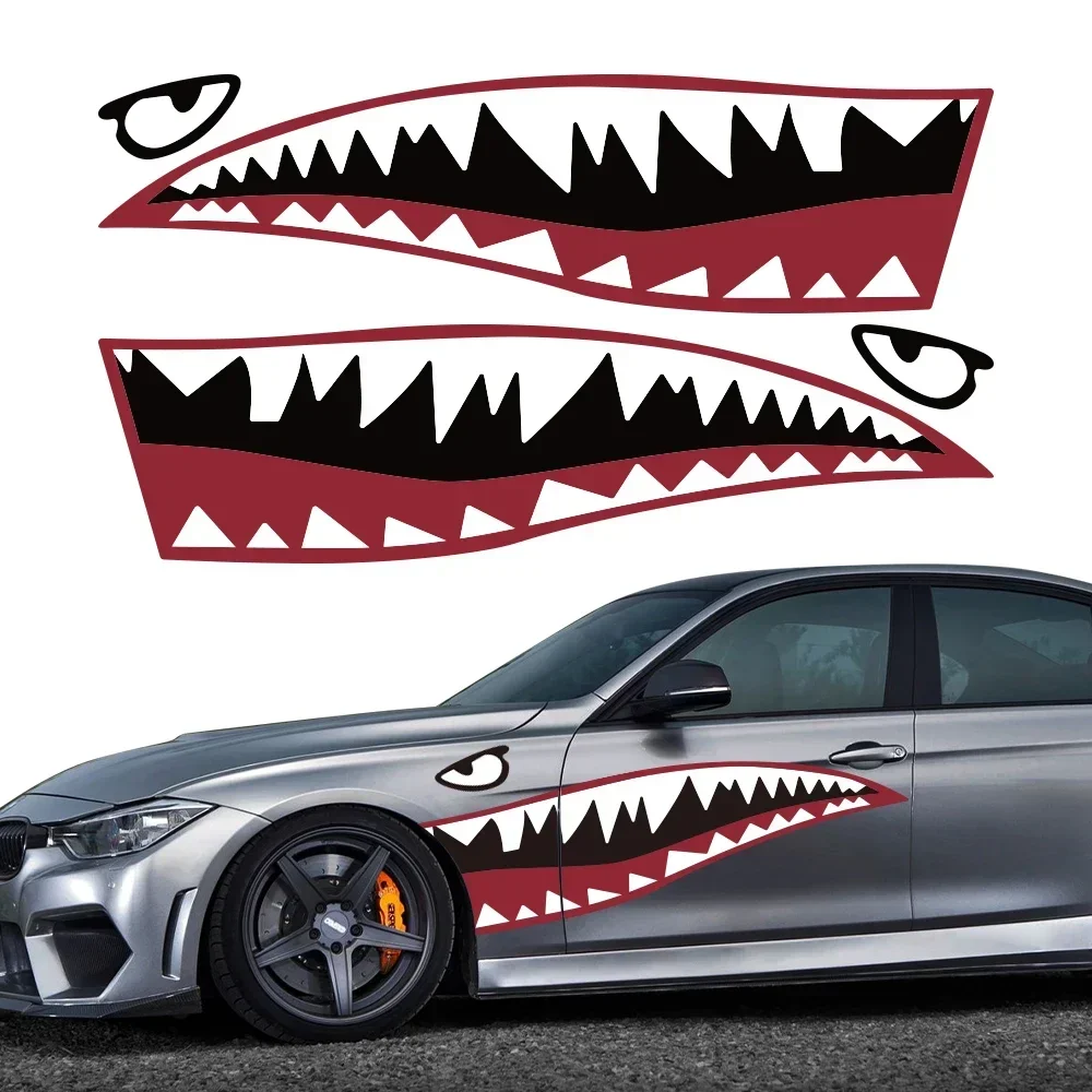 2Pcs Shark Mouth Graphics Car Sticker Creative Funny Applique Vehicle Side Body Vinyl Film Decal Waterproof Auto Accessories