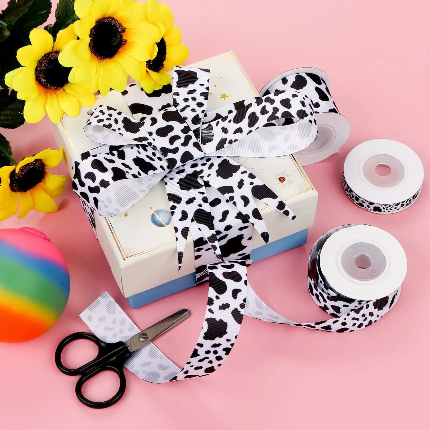 Cow Print Ribbon Grosgrain Cow Ribbon Cow Spot Pattern Wrapping Ribbon Dairy for Wreath Bow DIY Crafts Party Decorations