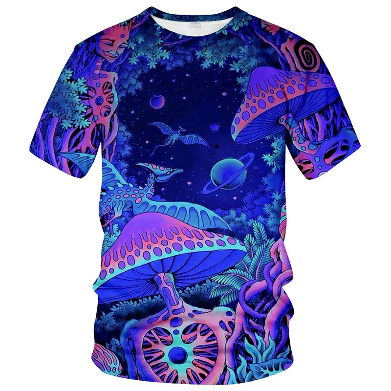 Trippy Mushroom Graphic T Shirt for Men Funny 3D Printed Forest Elves Kids T-shirt Womens Clothing Summer Casual Short Sleeve