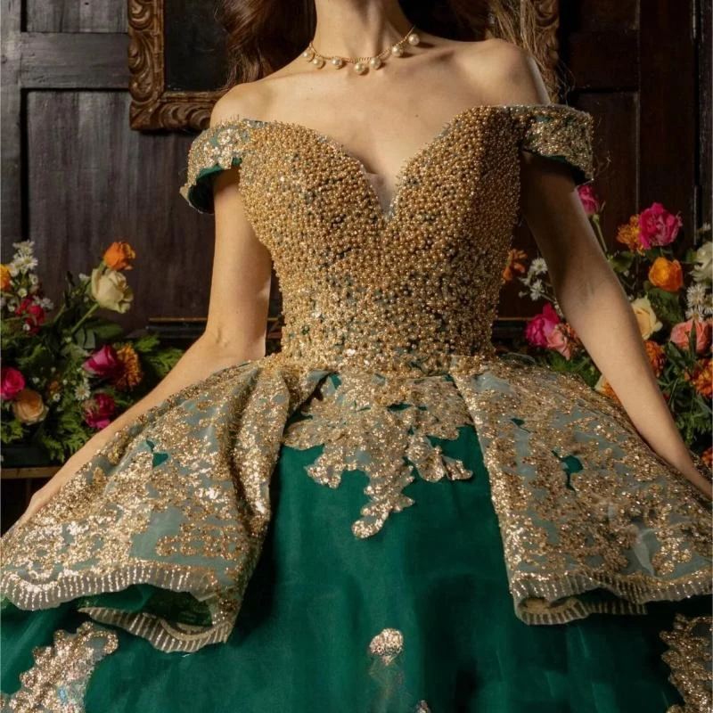 Teal Blue Charro Quinceanera Dresses Ball Gown Off The Shoulder Tulle Appliques Pearls Mexican Sweet 16 Dresses 15 Anos