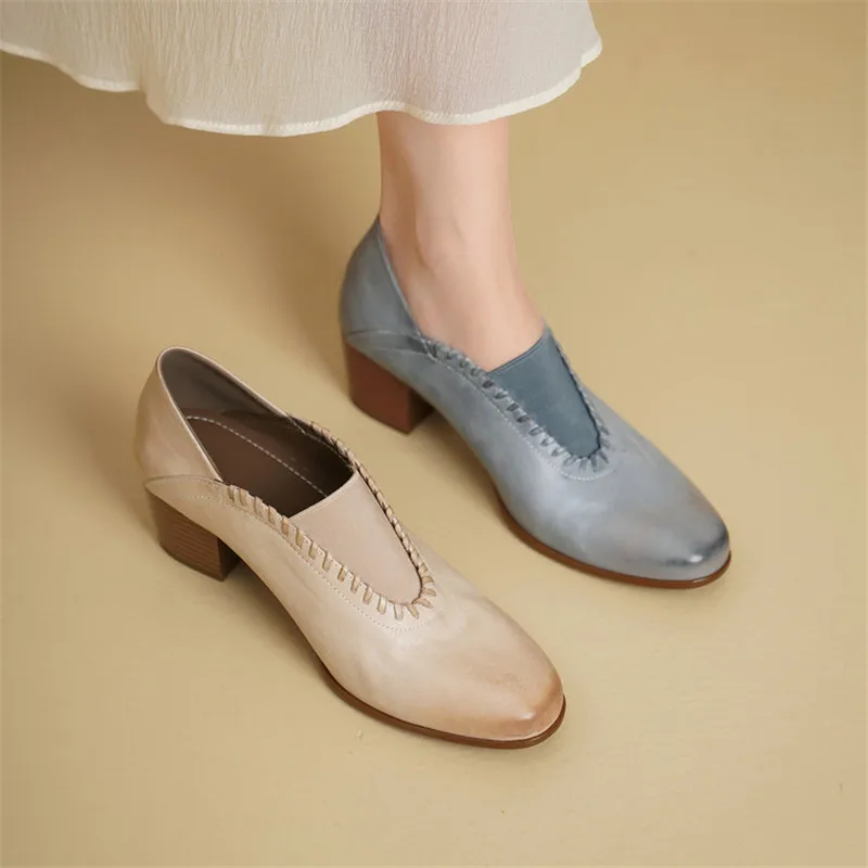 

Новая весенне-осенняя женская обувь из натуральной кожи, модные женские туфли в стиле ретро с круглым носком, женские туфли-лодочки на высоком каблуке, лоферы на массивном каблуке