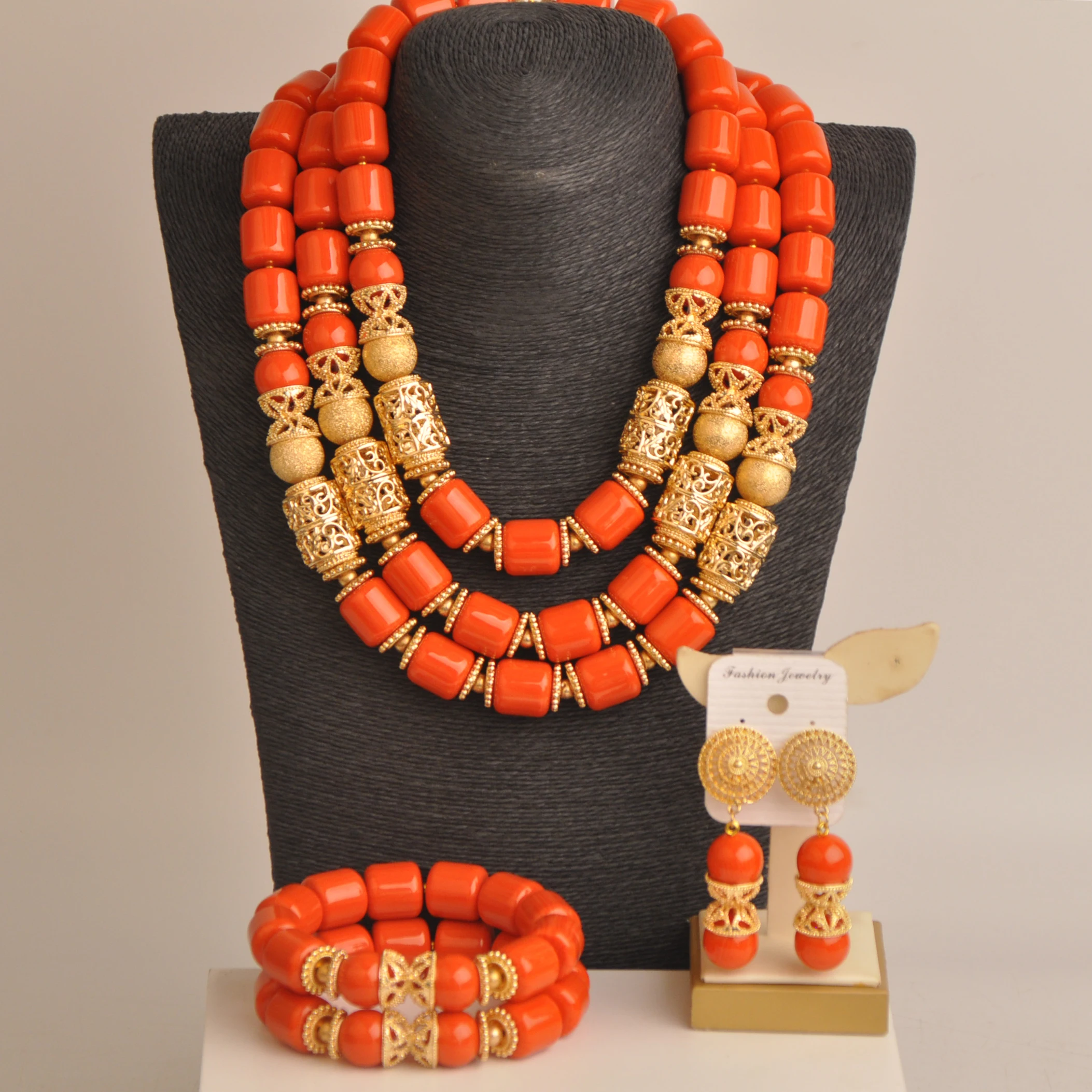 

Nigerian Bride Wedding Jewelry Orange Artificial Coral Beads Jewelry Set for Women