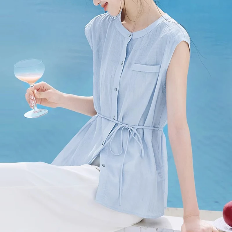 

Summer New Women's Clothes Elegant Sleeveless Lace-Up Casual Chiffon Shirts Streetwear Ladies Beach Style Blouse And Tops