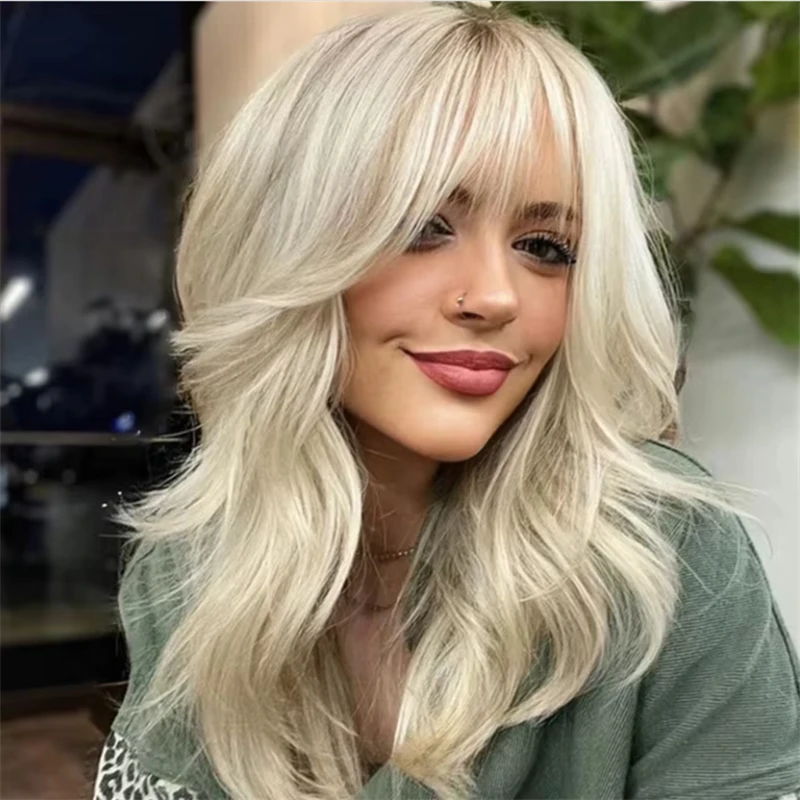 

Platinum Blonde with Short Roots Natural Synthetic Wigs Bangs Top Sale on clearance Loose Wavy Lace Top Wig Fringe Glueless