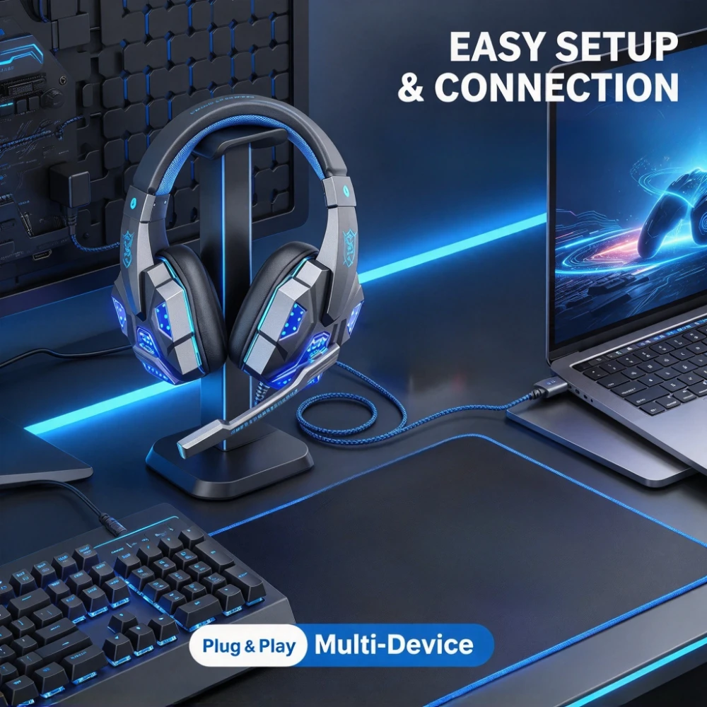 1pc RGB Gaming Headset with Noise Cancelling Mic & LED Lights Over-Ear Stereo Headphones for Team Voice Chat PC PS4 Xbox & Esports Competition