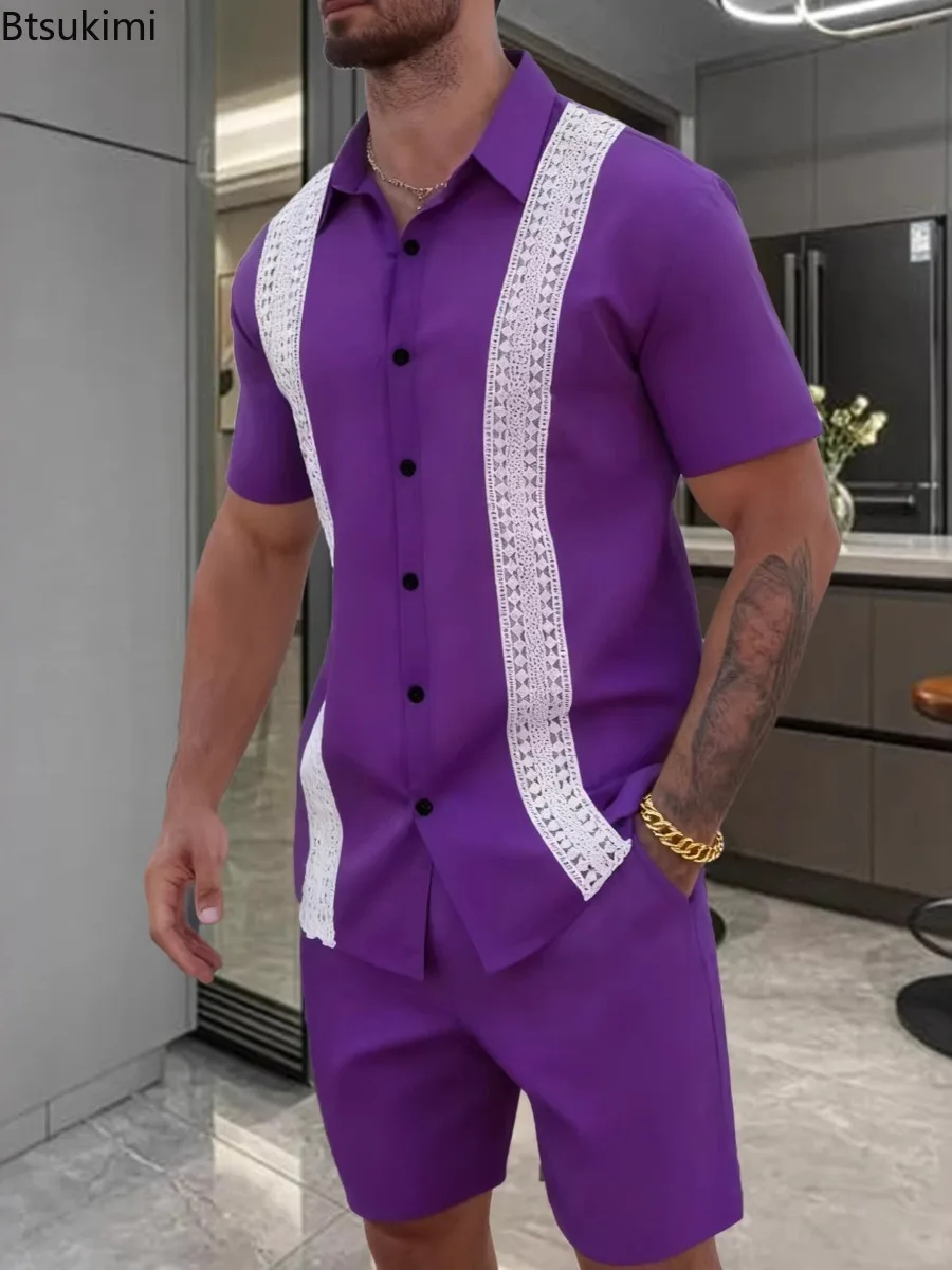 Ensemble de chemises à manches courtes pour hommes, haut en dentelle ajourée à blocs de couleur, tenue décontractée d'été pour la plage, ensemble deux pièces