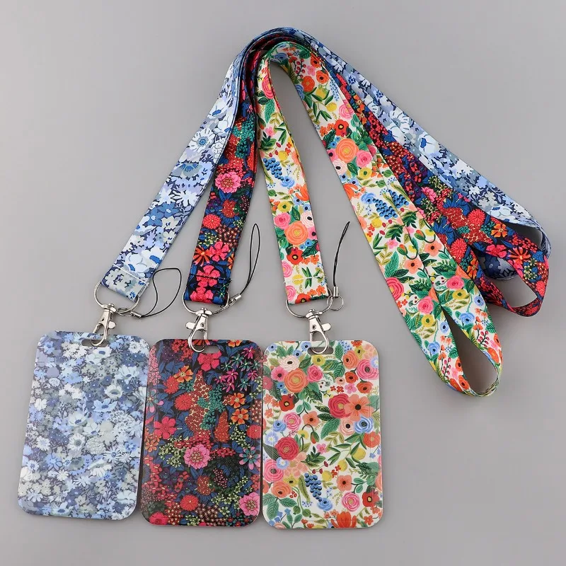 Cute Floral Print ID Card Holder Lanyard Neck Strap Set Hard Plastic ID Card Holder for Student Work Badge Keys Office Supplies