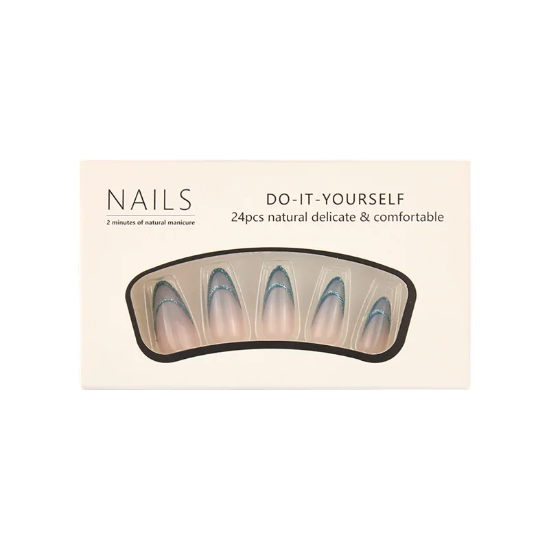 

Wearing nail pads Medium and long blue striped Spice Girl nail pads Finished wearable fake nails