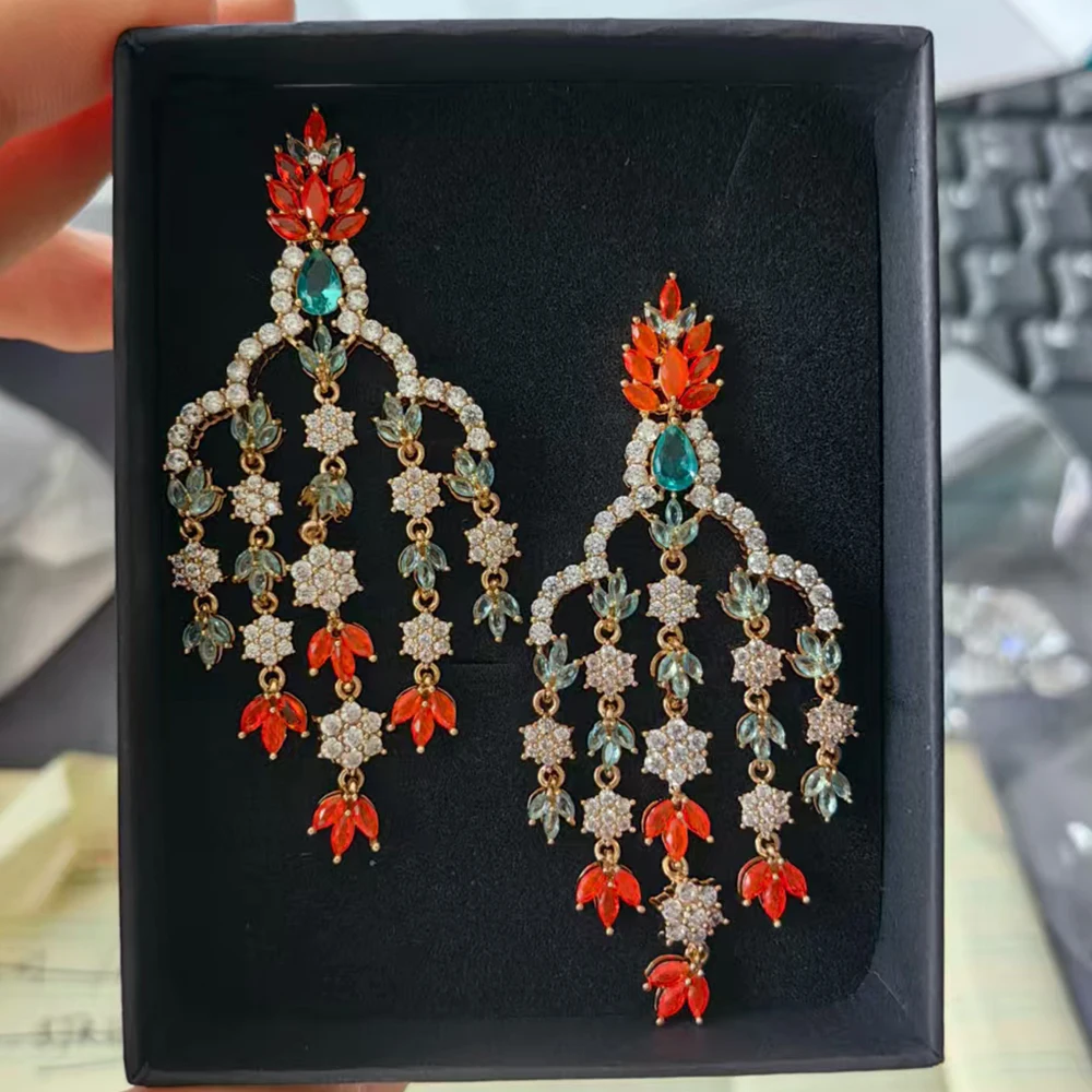 Big Earrings for Women Luxury Jewelry Colorful Zircon Tassel Dangle Earrings Wedding Evening Party Jewelry Female Gift